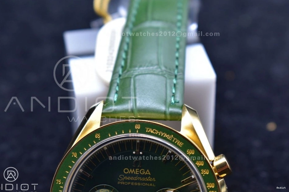 Green Manual in Dial Speedmaster RMF Green on Edition Moonwatch Leather Strap Best YG Gold Chrono Moonshine 1225